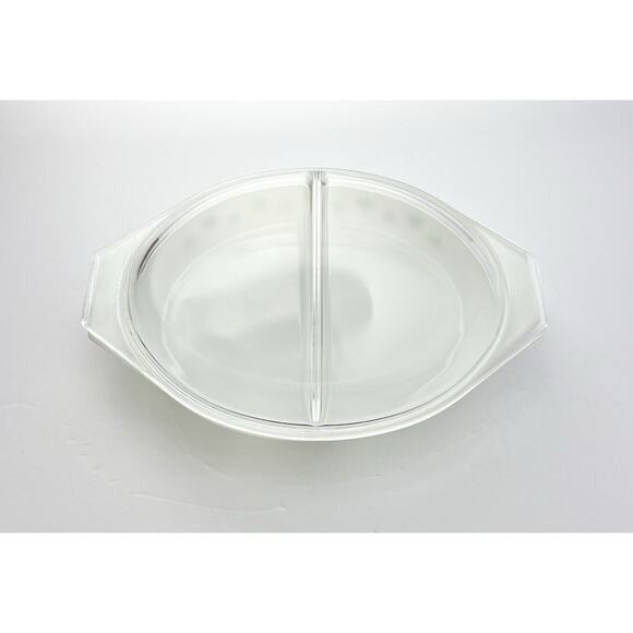 1950s Pyrex “Snowflake, White” Oval Divided Dish & Lid 12 1/2” 1.5qt - Picture 5 of 10